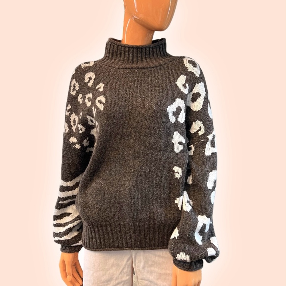 NINE WEST Asymmetrical Animal Print Funnel Neck Sweater